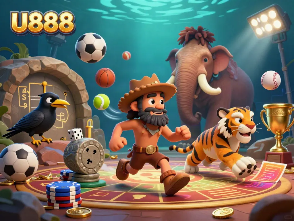 Experience U888's prehistoric casino adventure with cartoon characters and vibrant gaming elements.