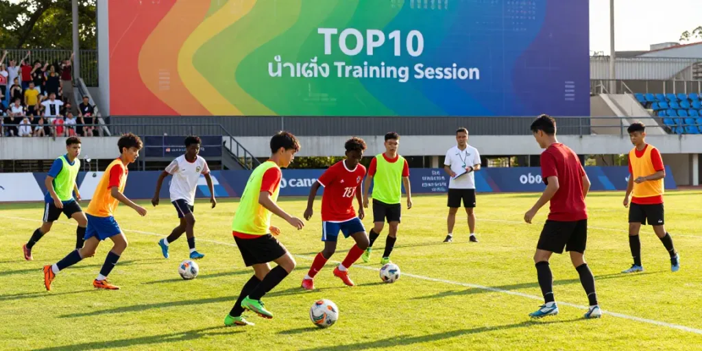 TOP10 นักเตะ training intensity captured with enthusiastic athletes in a vibrant stadium.