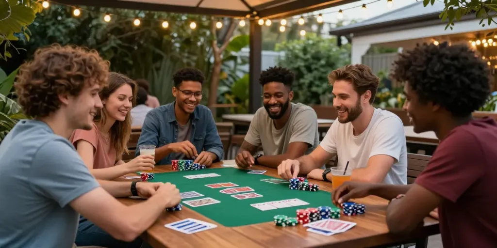 Social gathering featuring friends playing games with poker chips at https://totobet.net/.