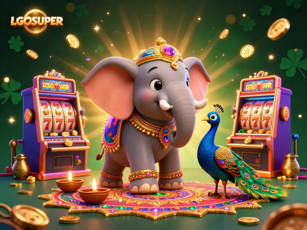 Experience the thrill of LGOSUPER's vibrant gaming atmosphere with festive characters and rich casino elements.