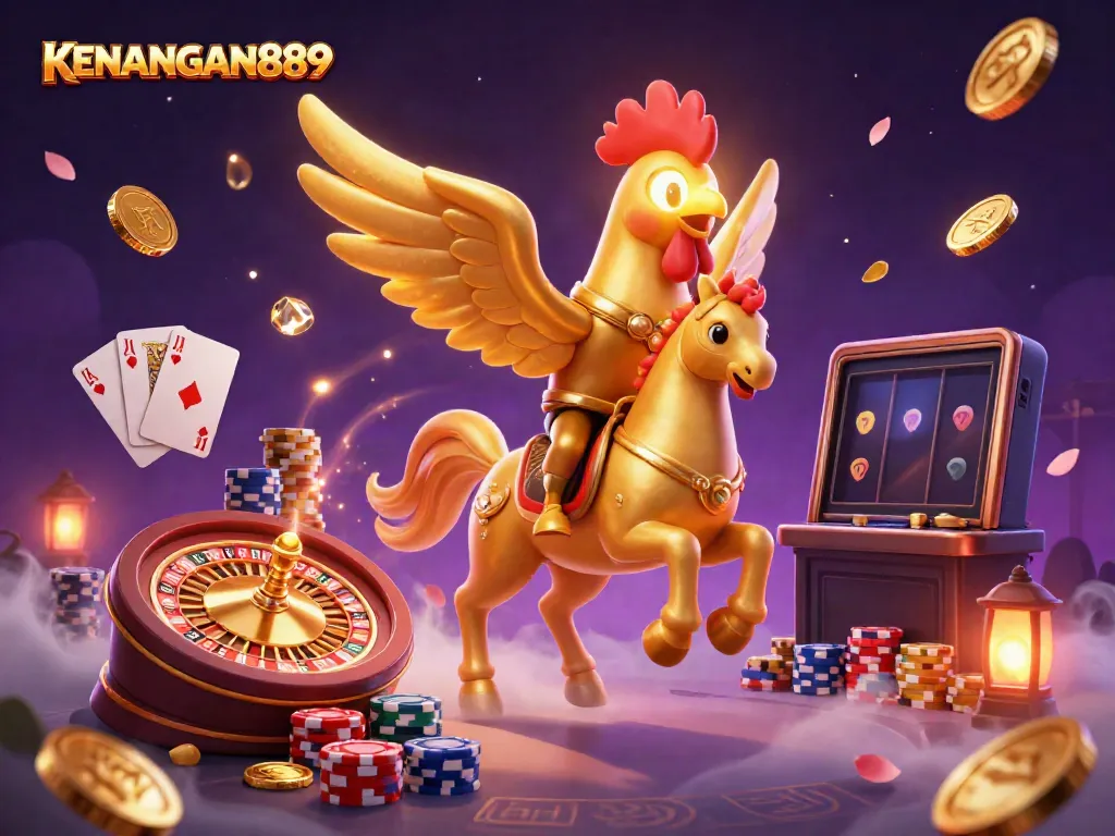 Experience thrilling gameplay at KENANGAN889 with dynamic casino visuals featuring coins and cards.