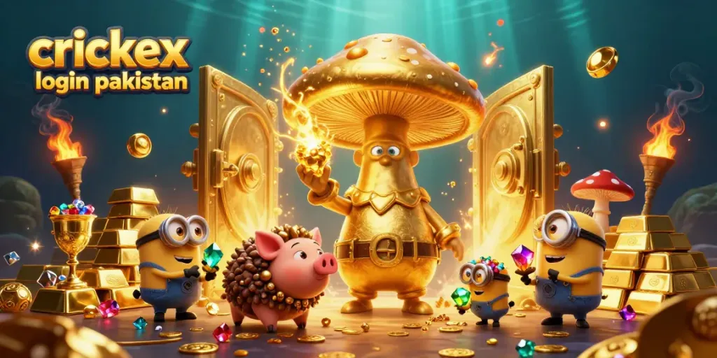 Experience crickex login pakistan with vibrant 3D casino-themed illustration showcasing magical treasure elements.