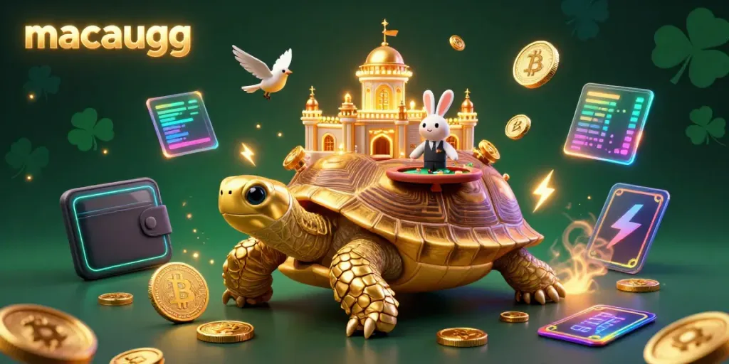 Engage with macaugg at a vibrant casino scene featuring a tortoise casino shell and animated elements.