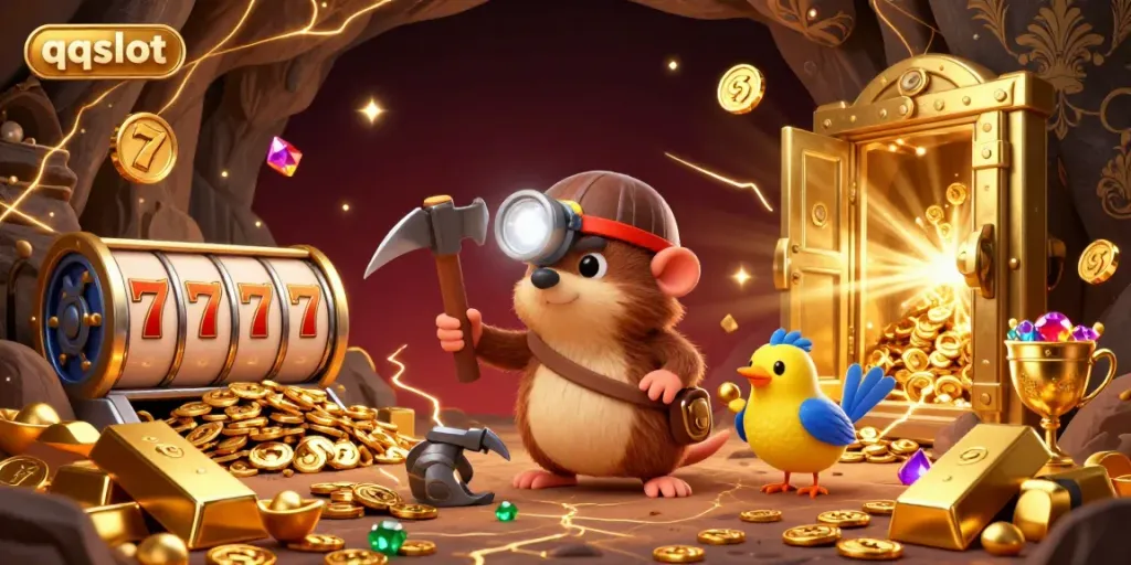 Experience immersive fun at qqslot as a treasure hunter discovers jewels and gold in a vibrant casino cave.