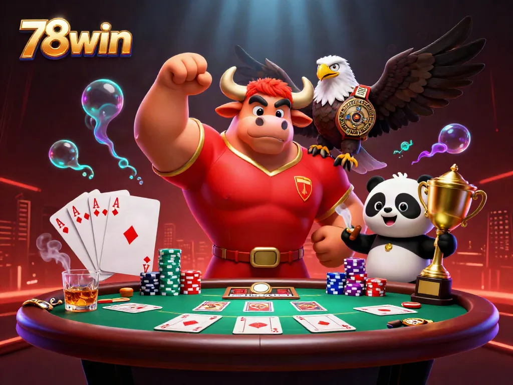 Experience the excitement at 78win with this dynamic casino scene featuring a victorious bull mascot and gaming elements.