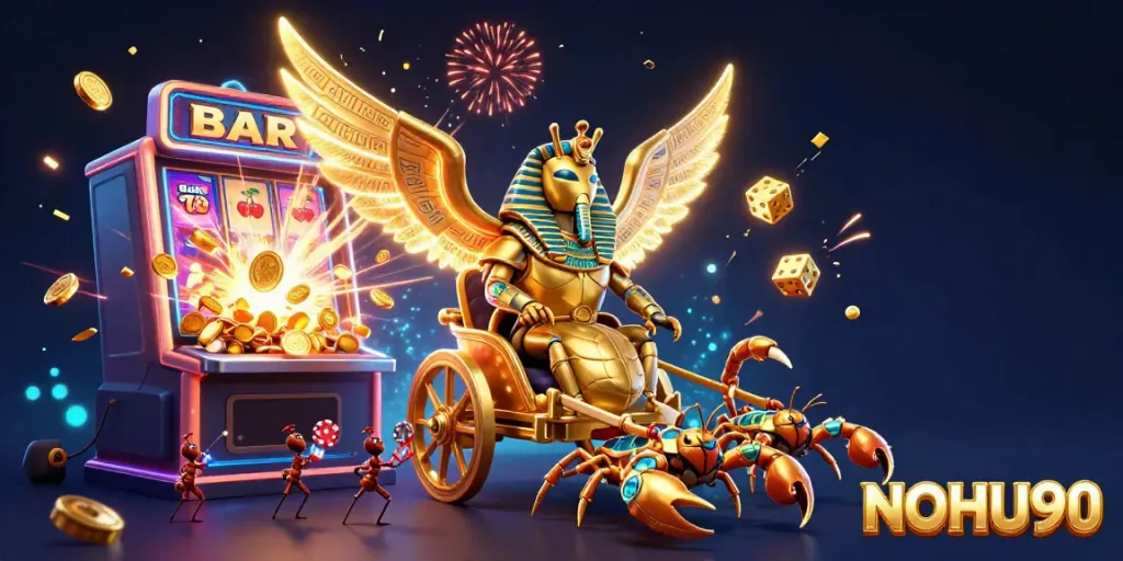 Engage with the vibrant casino scene featuring NOHU90, showcasing a golden scarab and slot machine bursting with winnings.