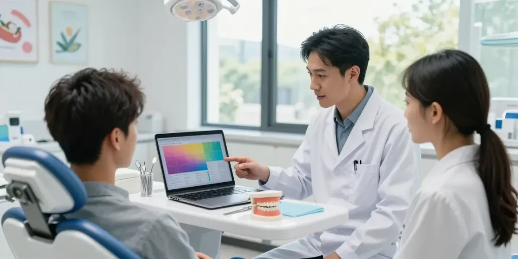 Dental link building consultation in a modern clinic with SEO dashboard on laptop.
