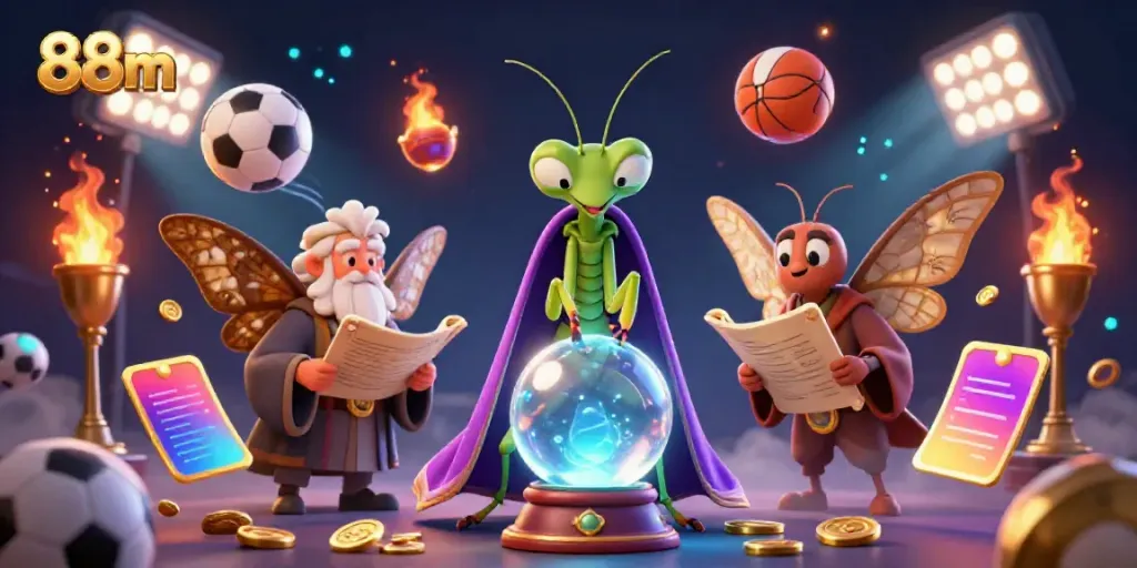 Engage in the world of 88m sports betting with a mystical 3D illustration showcasing fortune tellers and dynamic game elements.