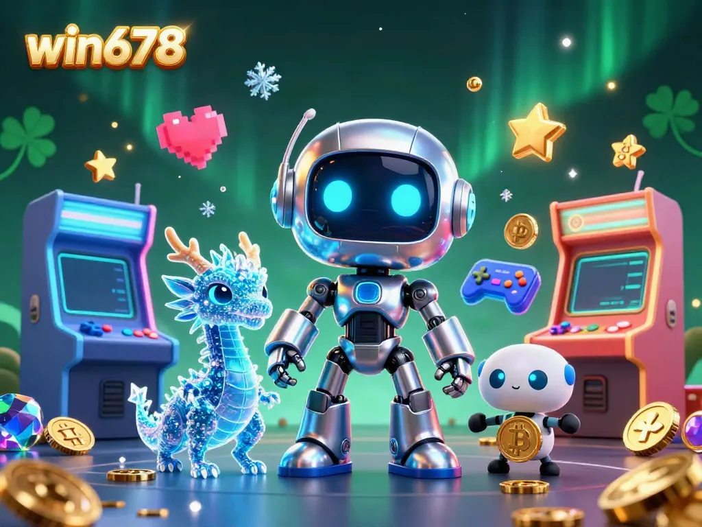 Win678 gambling heroes: A cyberpunk robot and AI dragon engage in vibrant casino fun