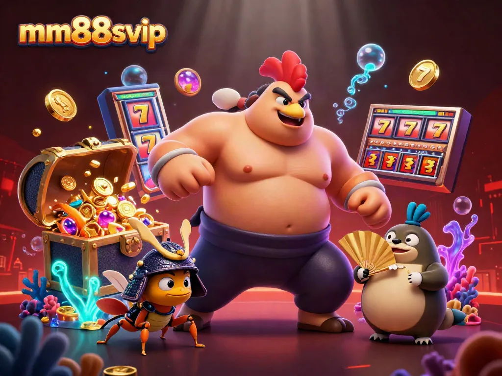 Experience thrilling gameplay at mm88svip with our energetic sumo rooster, cricket warrior, and tanuki announcer amidst jackpot treasures.