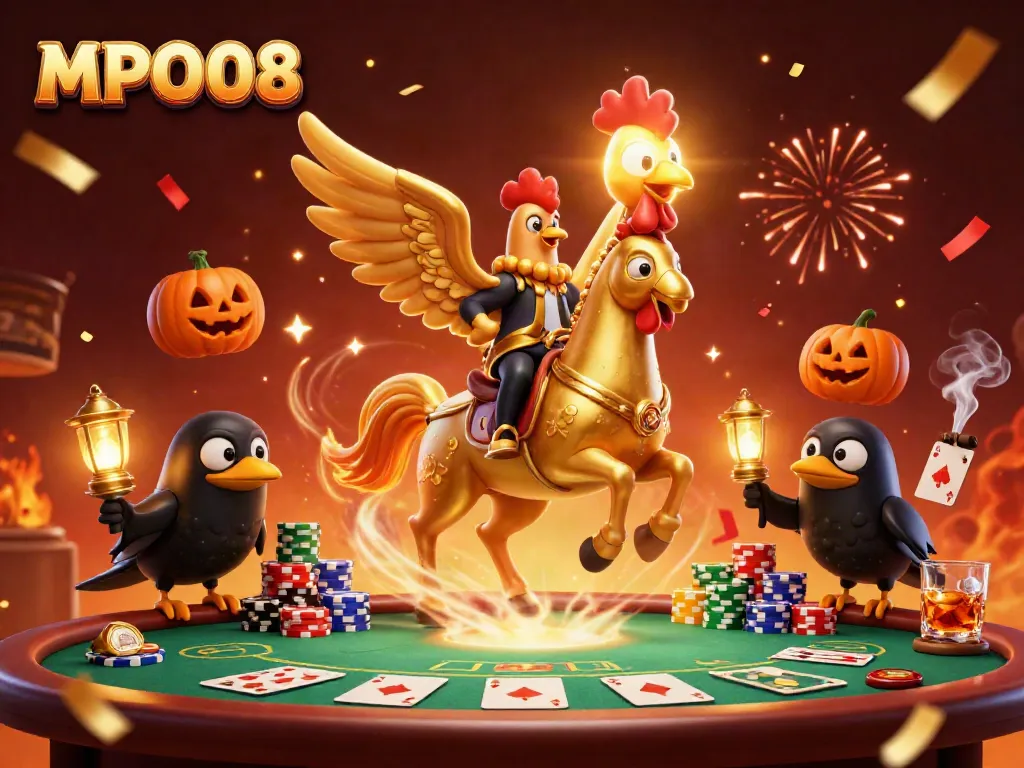 Engage with MPO08 in a vibrant casino scene filled with dynamic gaming elements and festive energy.