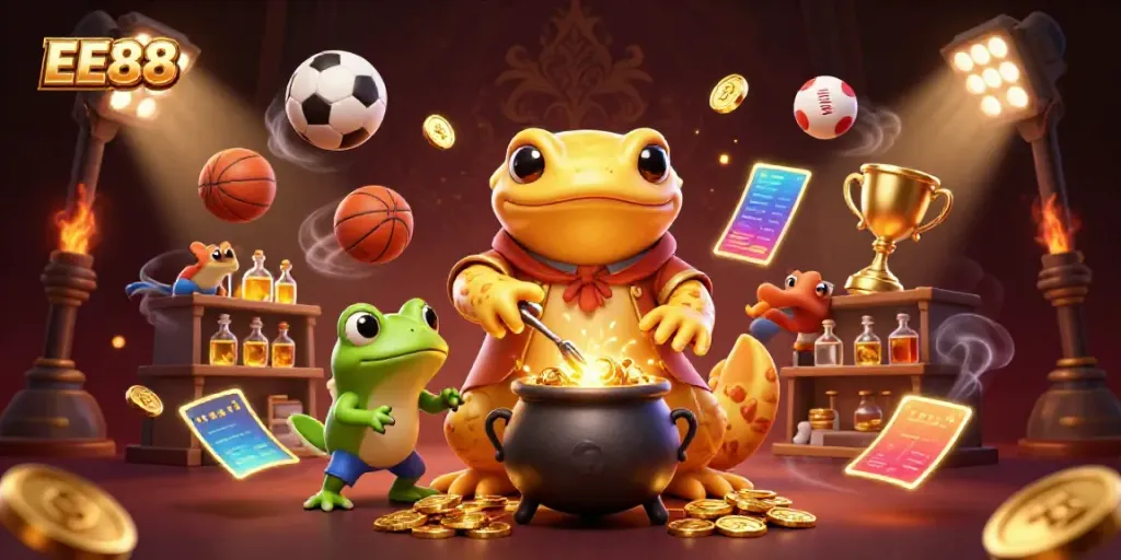 Experience the magic of EE88 with a dynamic casino scene featuring a golden salamander alchemist and sports elements.