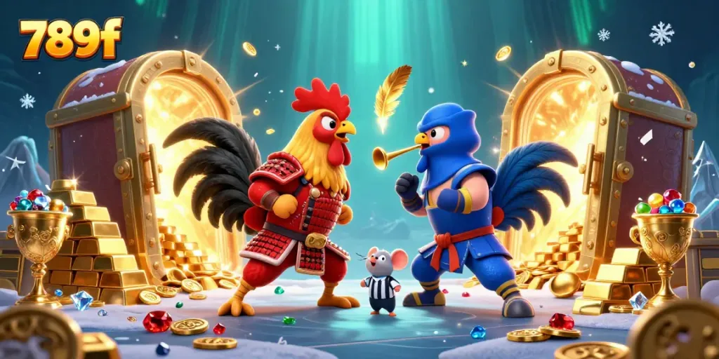Experience thrilling action with 789f as cartoon fighting roosters clash in a gold-filled arena.