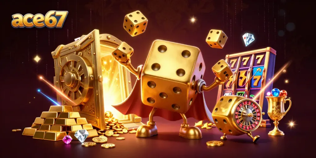 A dynamic 3D illustration of ace67’s vibrant casino world featuring golden dice, treasures, and gaming elements.