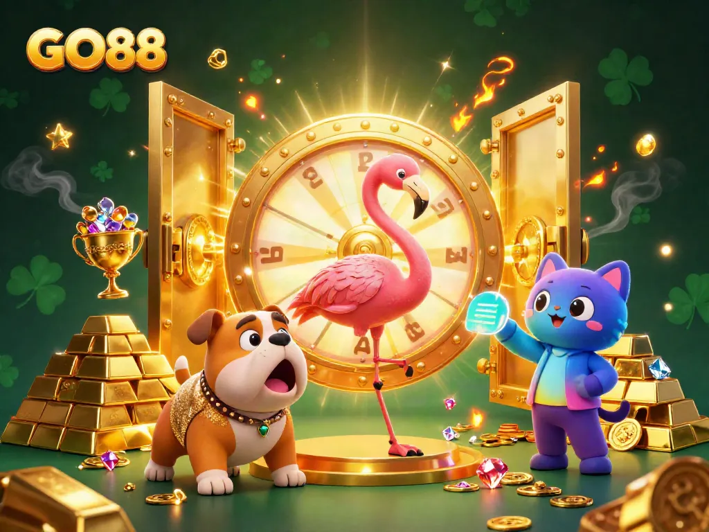 Experience thrill with GO88 as the flamingo host spins the golden prize wheel, captivating players.