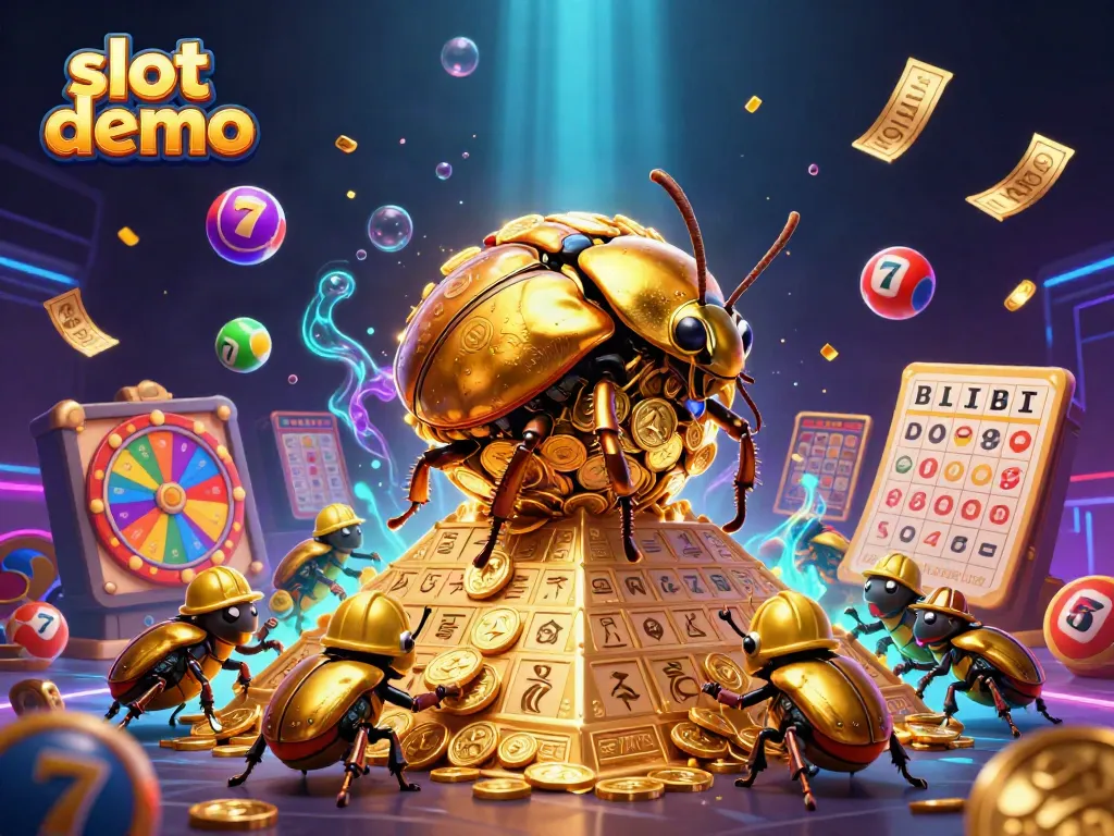 Spin and win in this vibrant slot demo scene featuring a golden beetle and dynamic game elements.