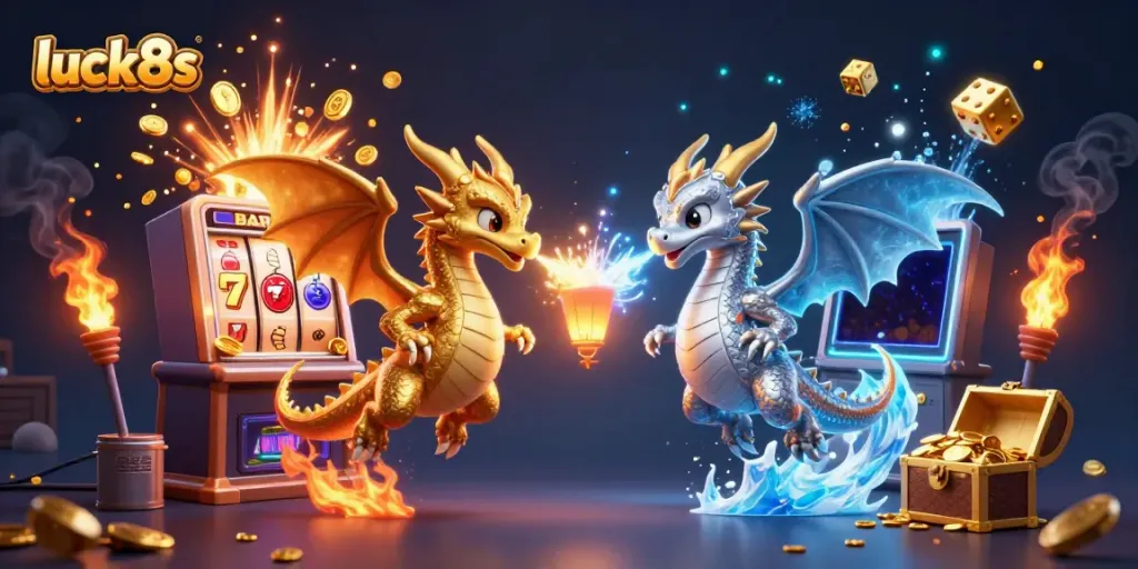 Experience luck8s with twin dragons in a dynamic casino scene featuring slots, jackpots, and glowing treasures.