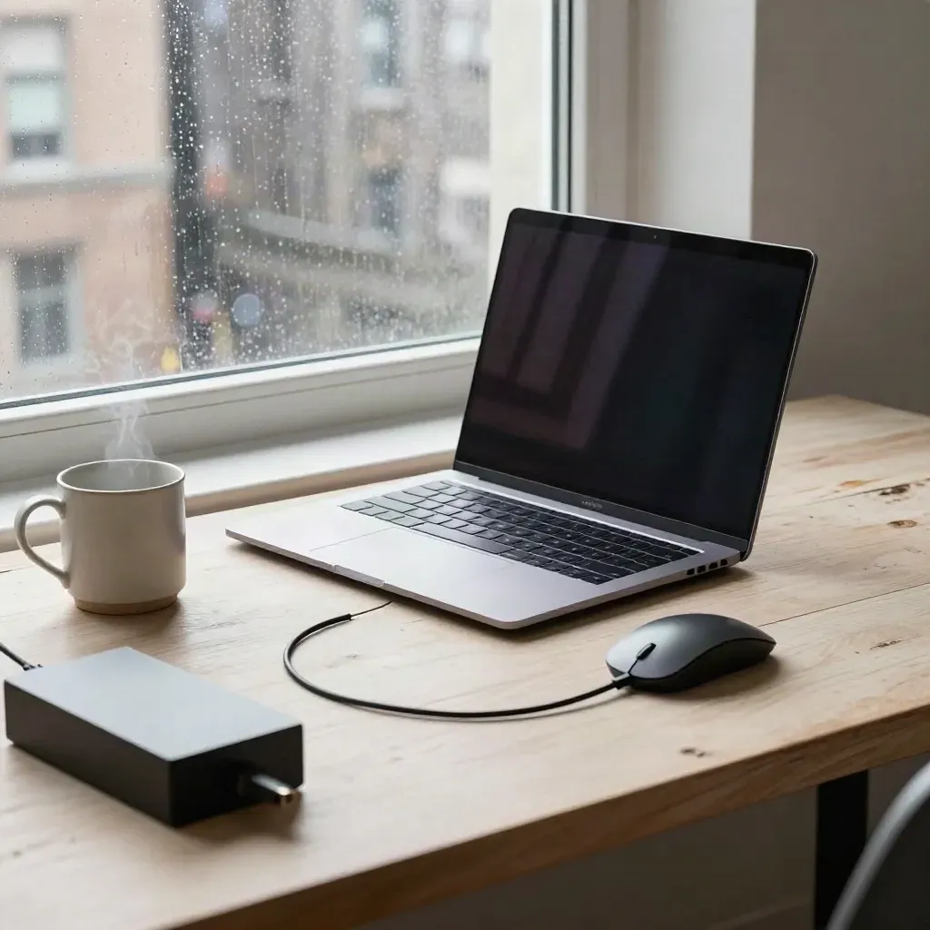 Slim budget laptop mid-setup by a rain-lit apartment window, charger cable curving beside a mug and mouse.