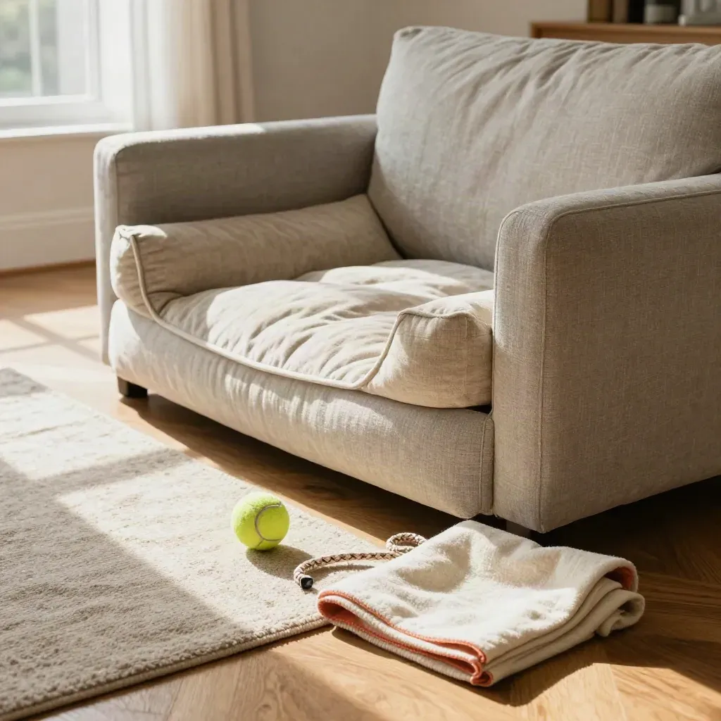 Cozy living room with oatmeal dog bed, tennis ball, rope toy, and folded throw in afternoon light.