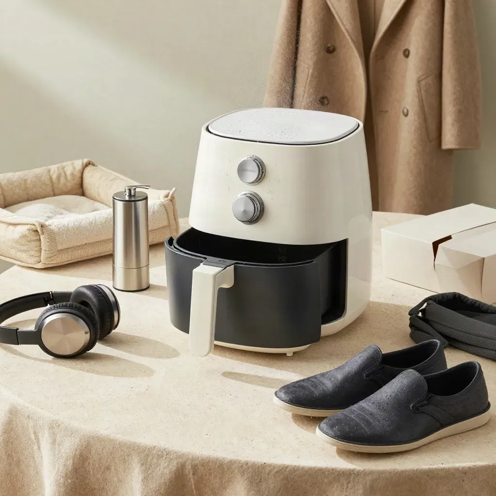 Matte-white air fryer with curated household picks in hazy morning light