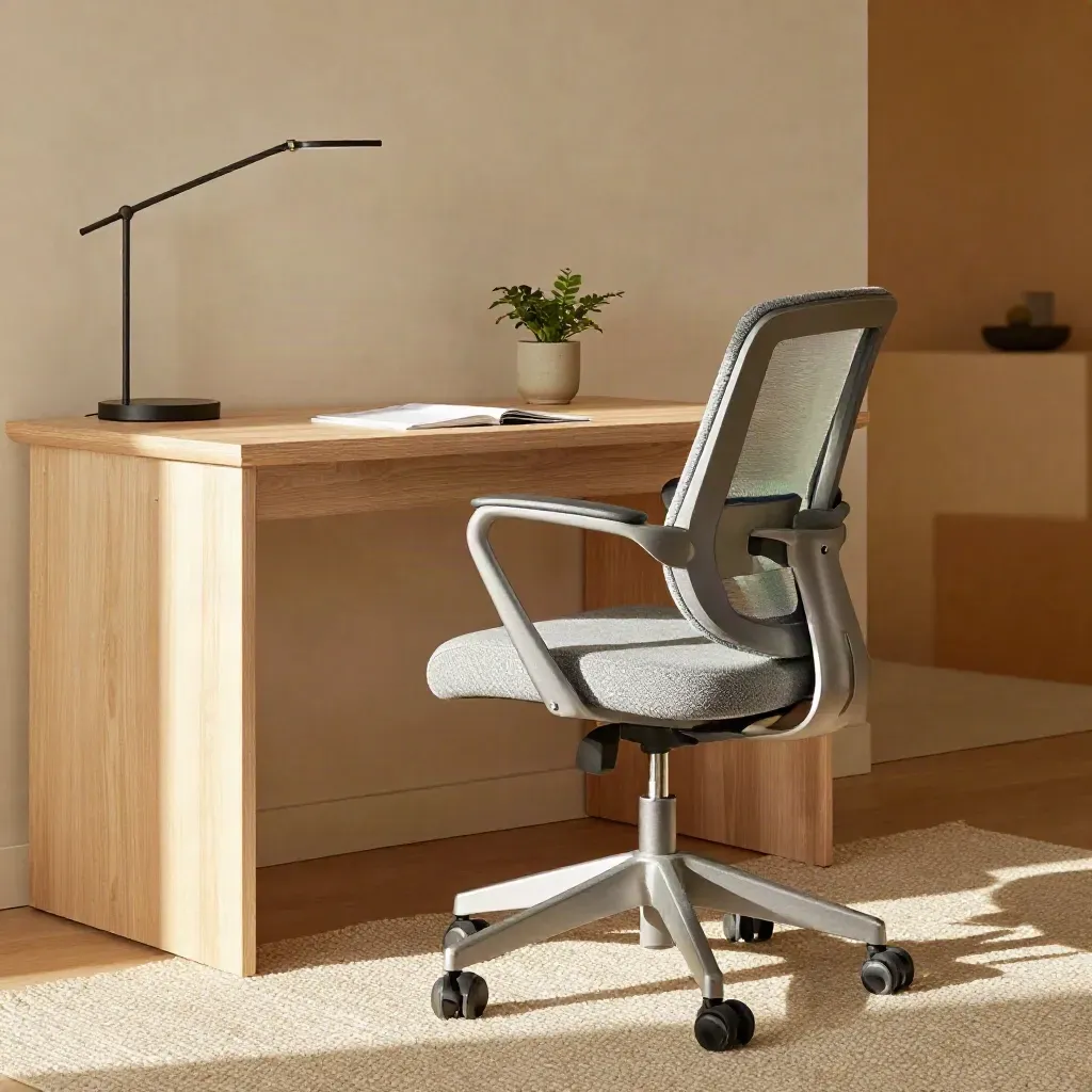 Paused home office corner with ergonomic chair, pale wood desk, lamp and plant in soft morning light.