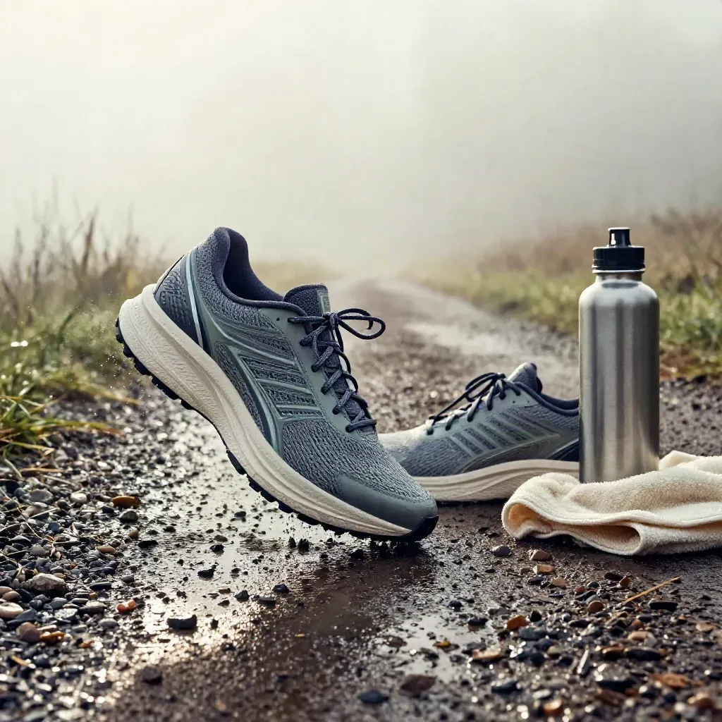 Running shoes splash from a wet gravel patch beside a cream towel and steel bottle at dawn.