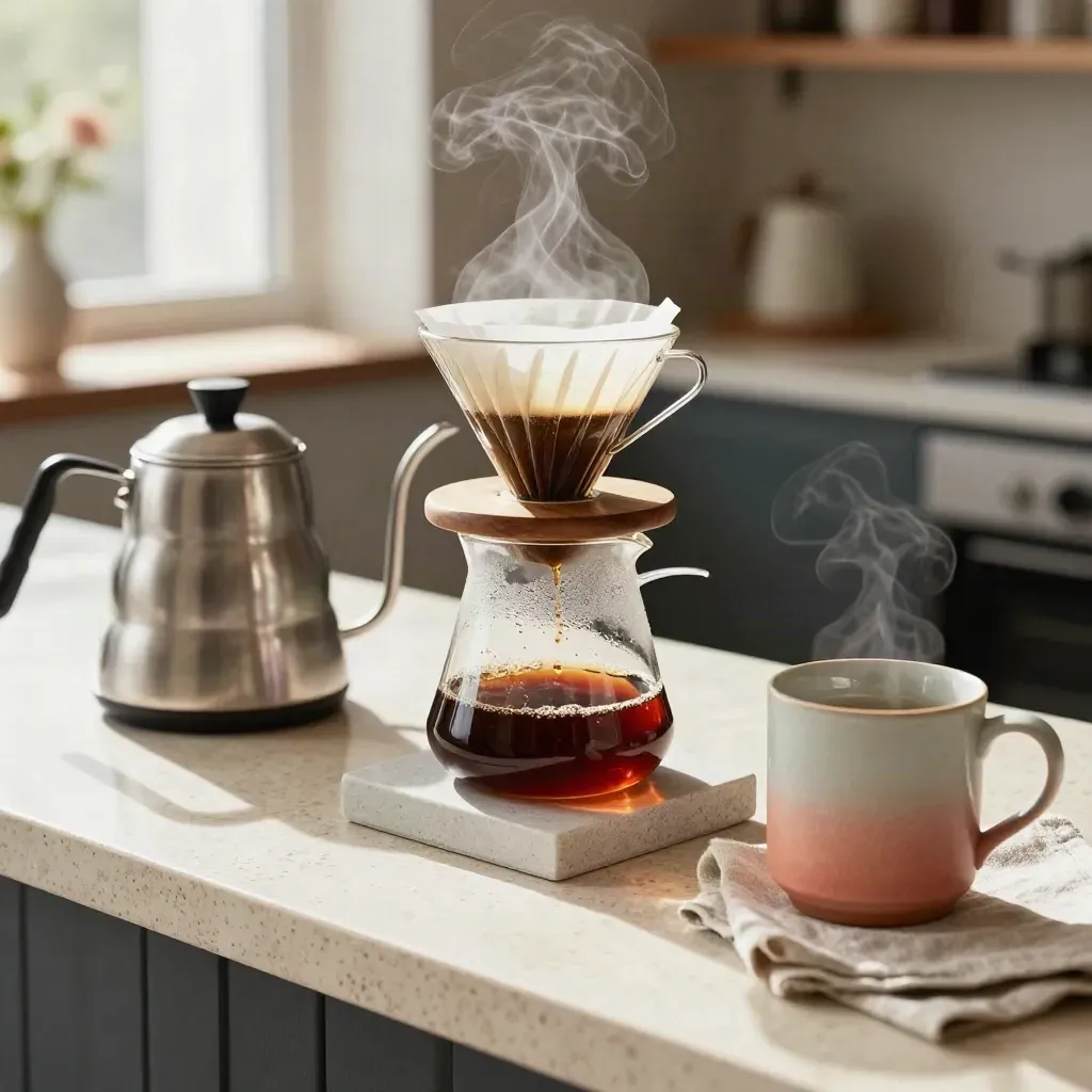 Steam rises over coffee gear on a travertine counter in soft daylight.