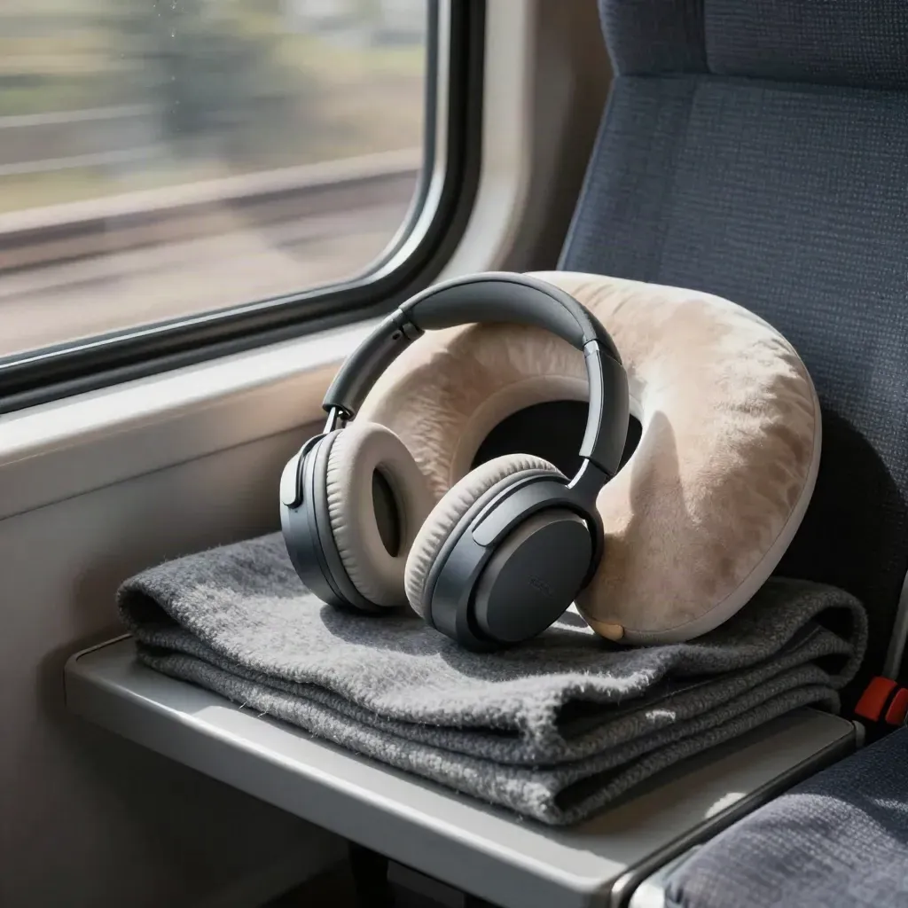 Headphones beside a neck pillow and scarf on a train seat with motion blur outside.
