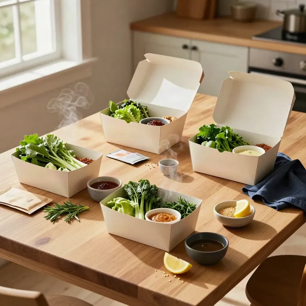 Three open meal-kit boxes with ingredients sorted on a warm kitchen island.