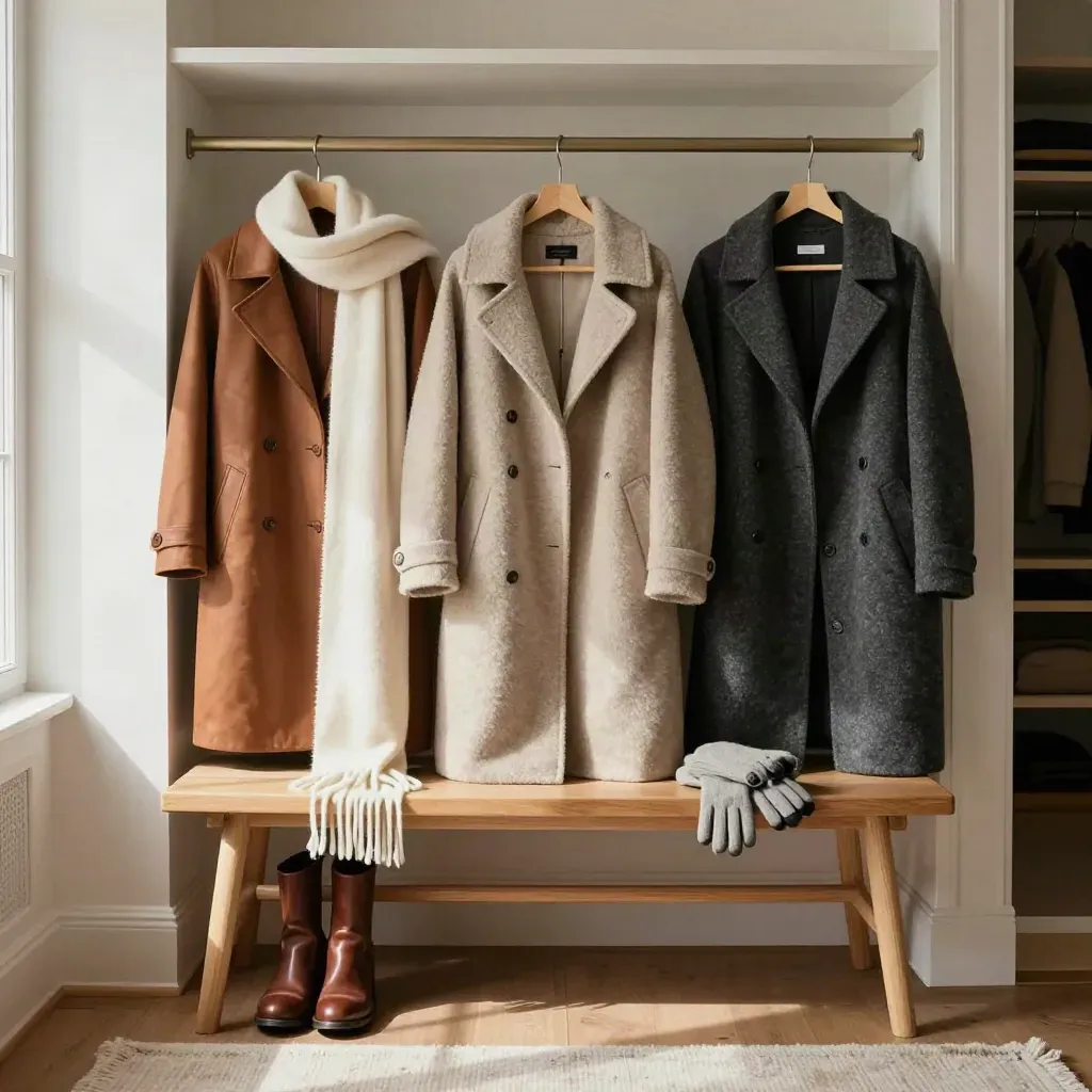 Three winter coats, boots, scarf, and gloves arranged on a bench in soft window light.