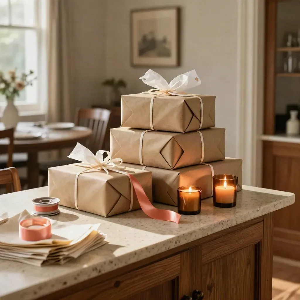Wrapped gifts with ribbons, tissue paper, and a candle on a dining room console.