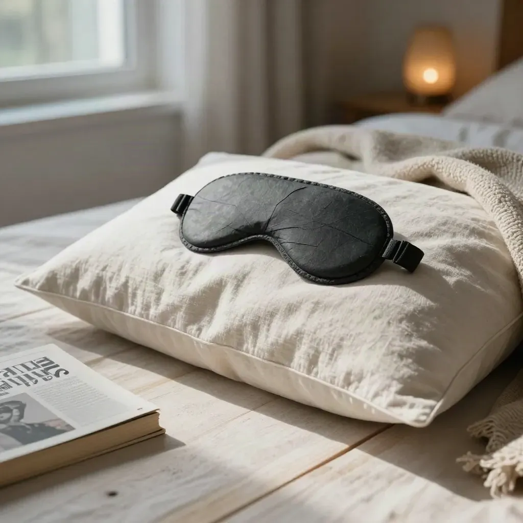 Sleep mask on a pillow beside a blanket, book and lamp in a quiet dawn-blue bedroom.