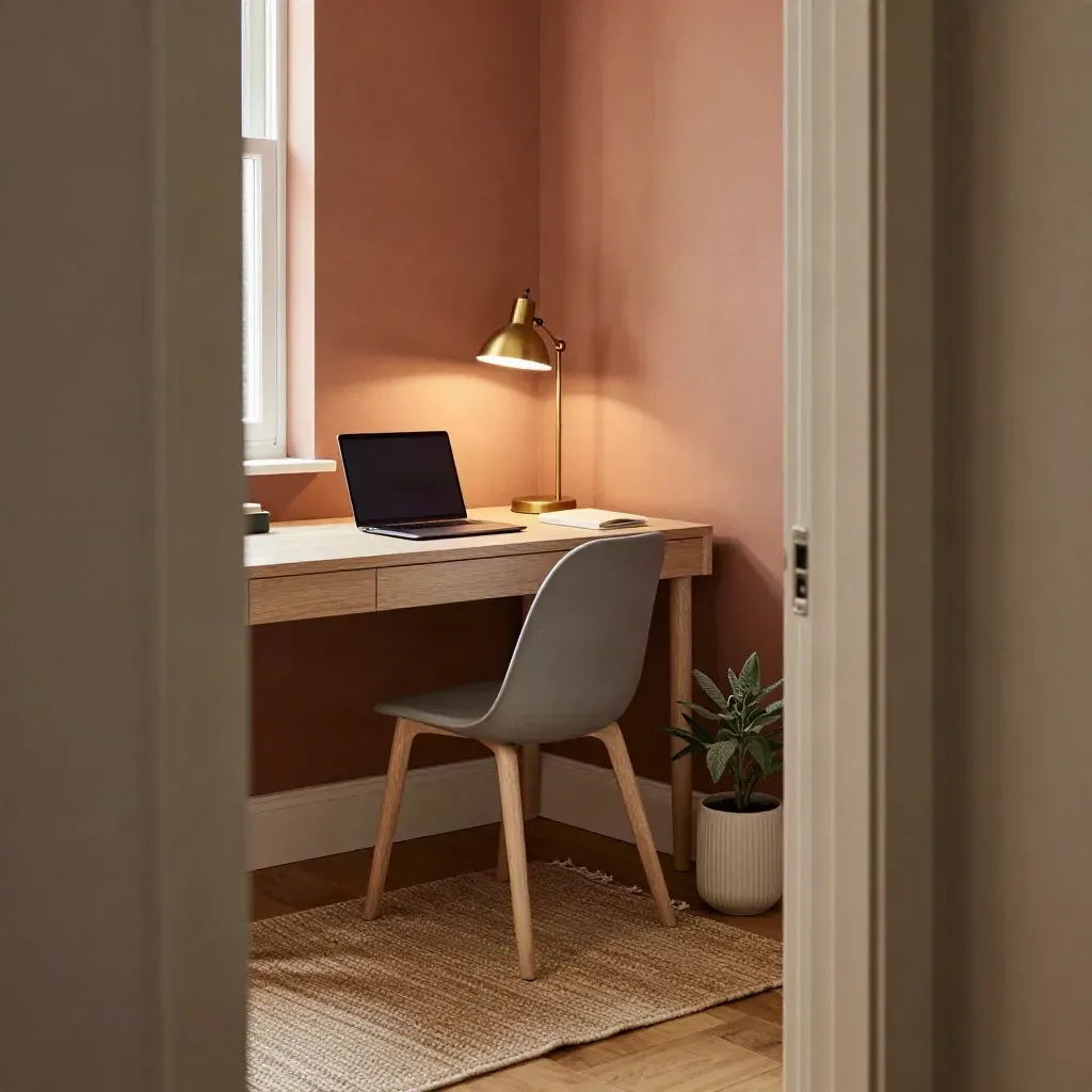 Small home office peek with closed laptop, lamp, chair, notebook, and plant in warm afternoon light.