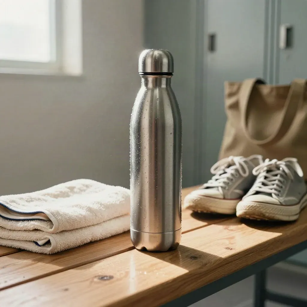 Water bottle with towel, trainers and tote on a gym bench in soft window light
