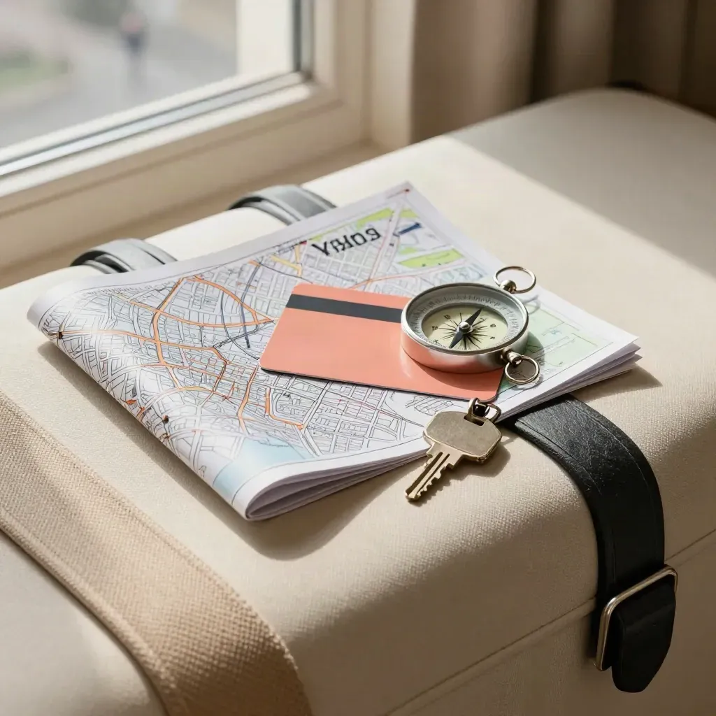 Folded city map, metro slip, compass and key sleeve paused on a suitcase edge in a hotel room.