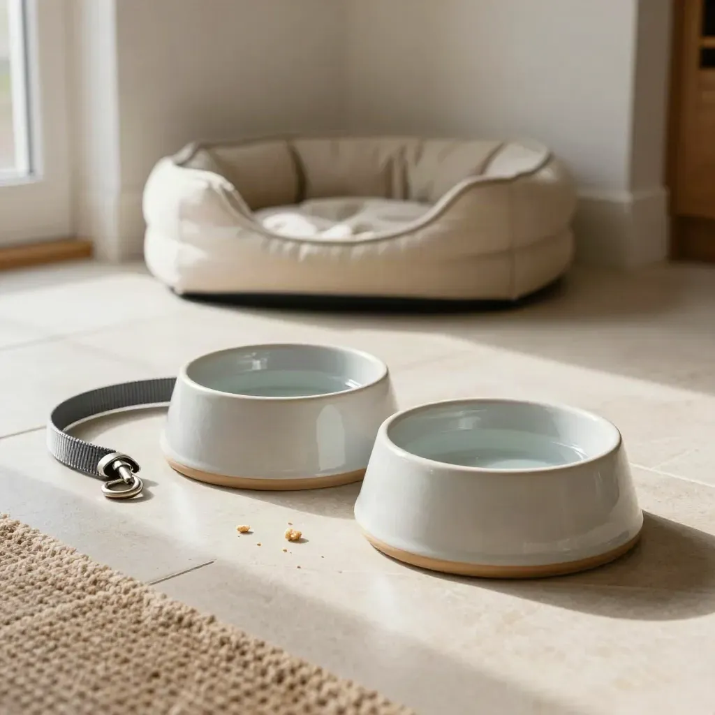 Dog bowls, leash, blanket, and pet bed arranged in a cozy mudroom corner.