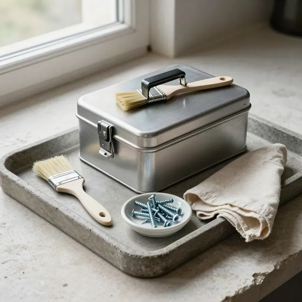 Steel toolbox with brush, scraper, cloth, and screws on a concrete tray