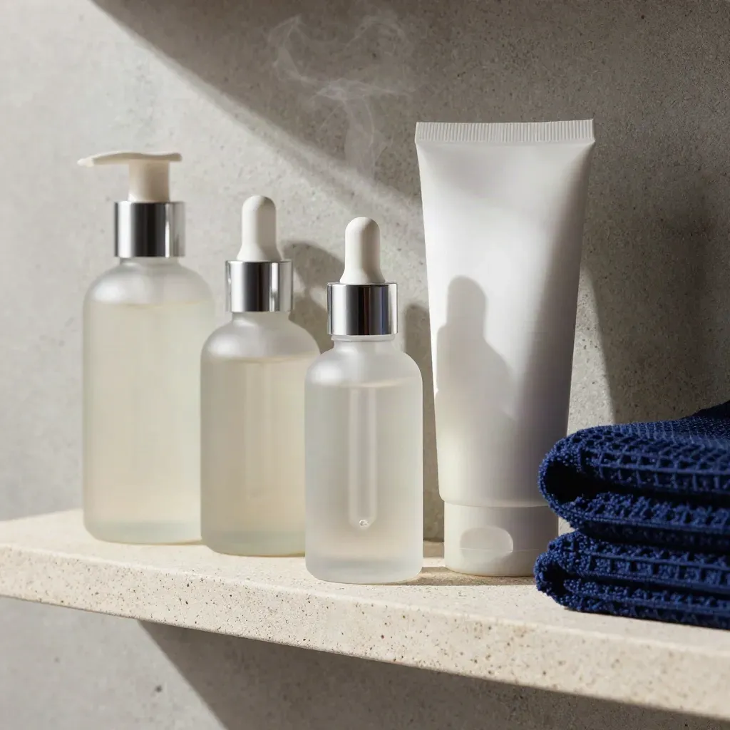 Skincare bottles, serum dropper, cleanser tube and folded towels on a bathroom shelf