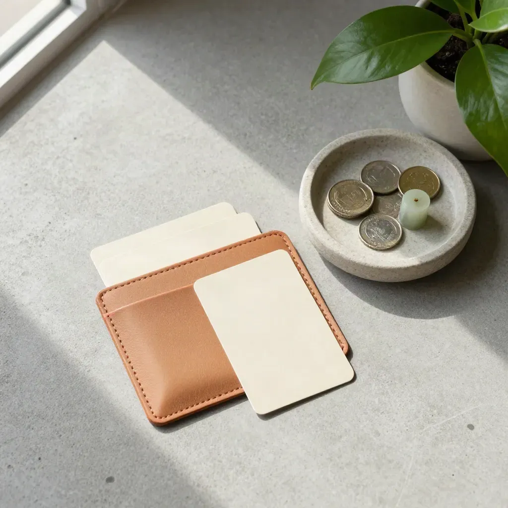 Leather card sleeve, coins, and jade plant arranged on concrete in soft daylight.