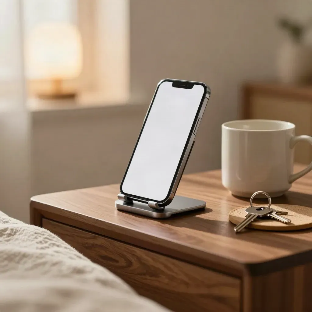 Cream bedside phone stand, mug, keys and coaster in warm lamplight on a quiet nightstand.