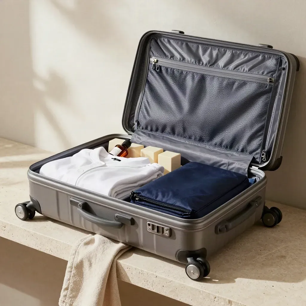 Open carry-on suitcase with packing cubes, rolled shirt, and travel bottles on stone shelf