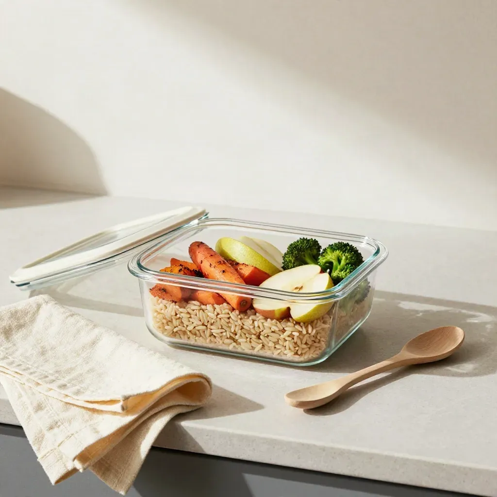 Glass meal-prep lunch with grains, roasted vegetables, fruit, and a linen napkin on pale wood.