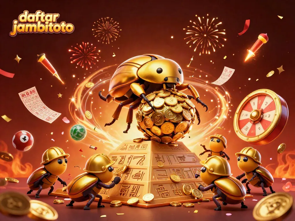 Enjoy the action at daftar jambitoto with this vibrant 3D illustration of a golden beetle and festive symbols.