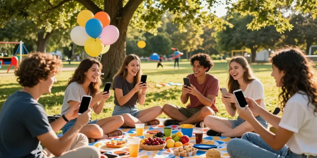 Friends sharing funny posts while enjoying a picnic outdoors in the park.