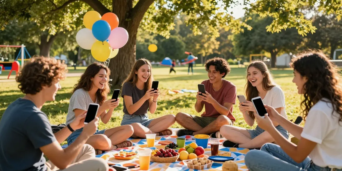 Friends sharing funny posts while enjoying a picnic outdoors in the park.