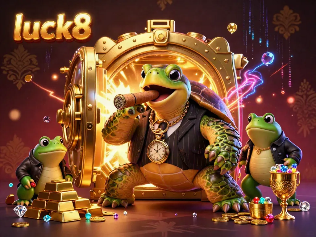 Experience thrilling luck8 casino excitement with a cartoon turtle and bullfrogs in a vibrant treasure scene.