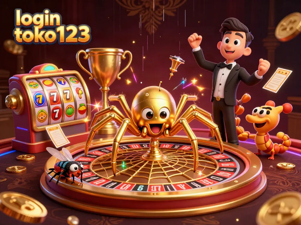 Exciting illustration showcasing login toko123 with golden spider and centipede croupier at a roulette wheel amidst dynamic casino elements.