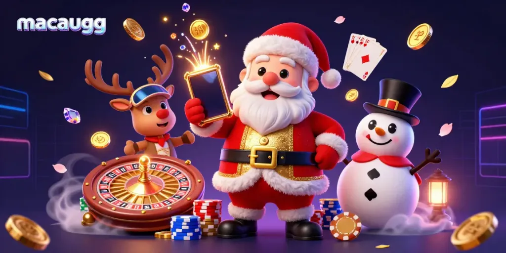 Experience the excitement of macaugg with Santa and friends in a festive casino illustration.