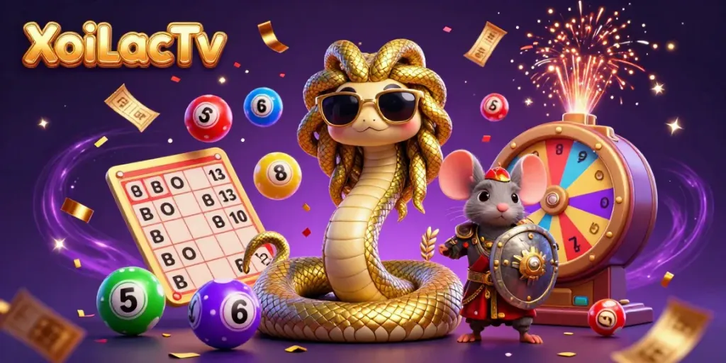 XoiLacTv showcases a festive 3D casino scene with Medusa and games elements like lottery balls.