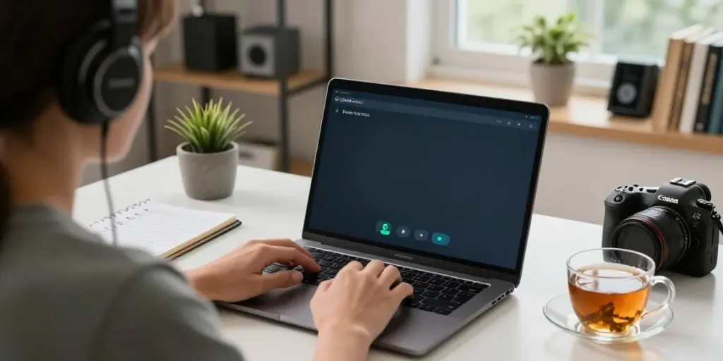 Deepfake protected Online Video Calls shown in a modern home office video call setting.